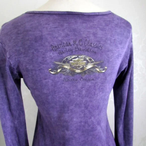 HARLEY-DAVIDSON TOP, M-L, LONG SLEEVED & LONG BODY FANCY LOGO, PURPLE COTTON H-D - Picture 6 of 7